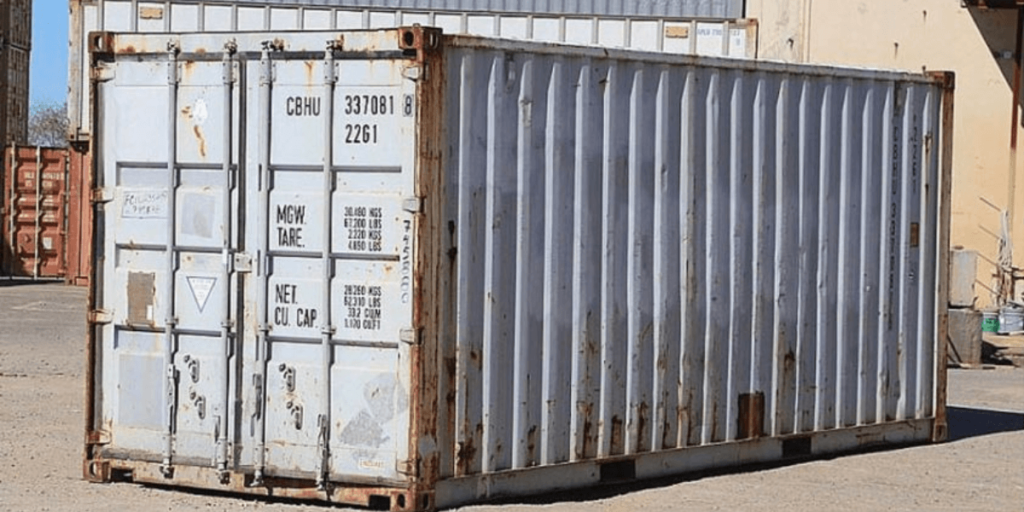 A grey shipping container