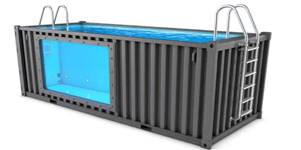 A shipping container pool with ladders and viewing area