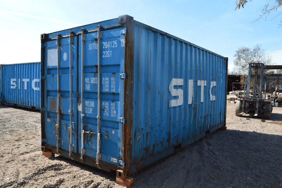 A shipping container in used condition.