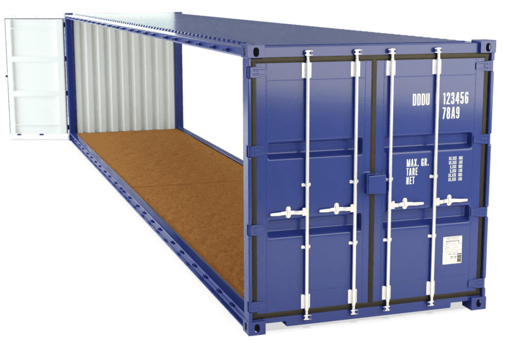 A shipping container with open-side doors.