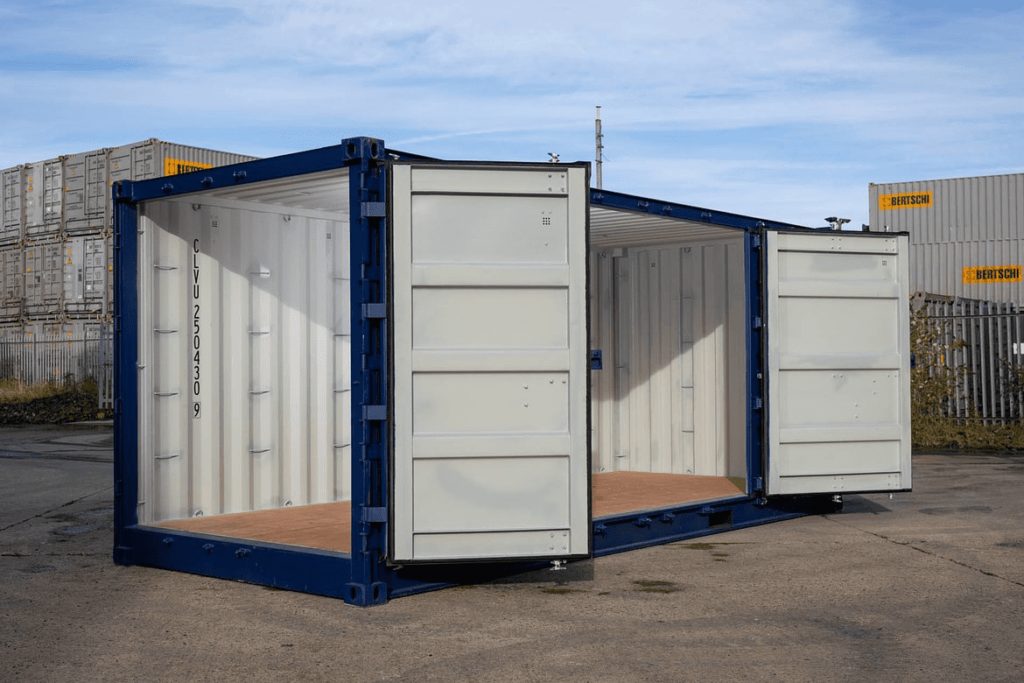 A shipping container with doors open to show a unique door configuration.