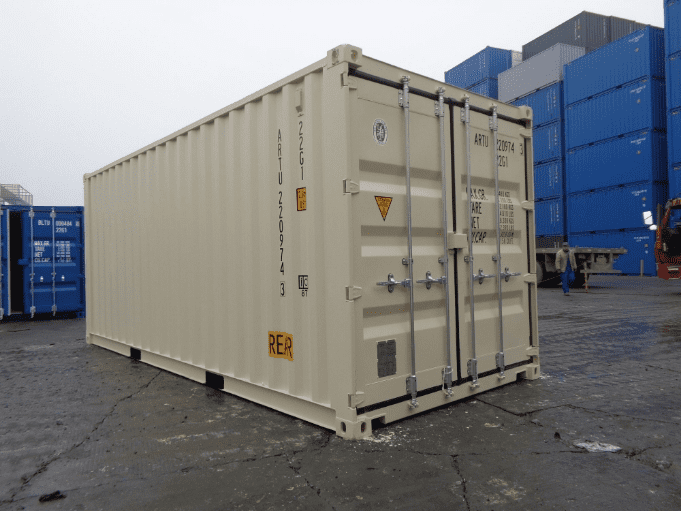 A beige standard height shipping container