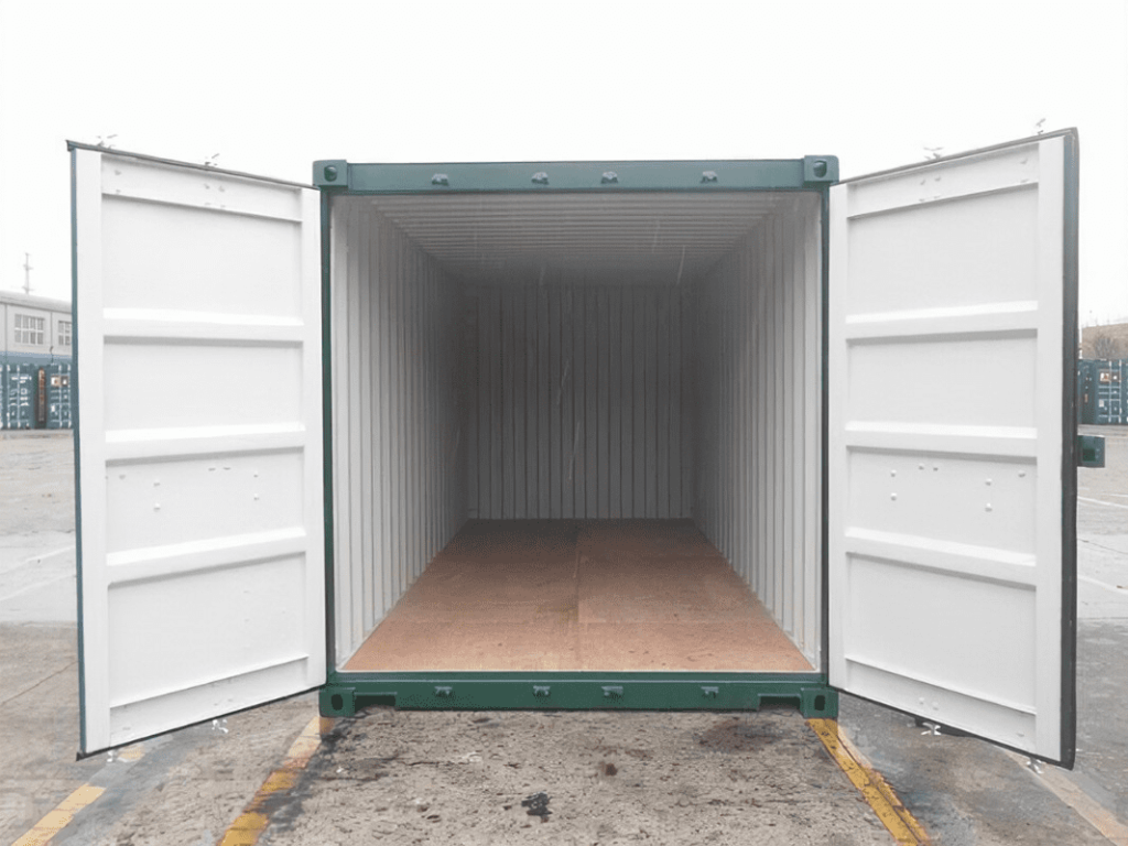 A standard door shipping container with doors open.