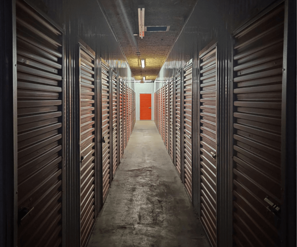A hallway lined with storage lockers
