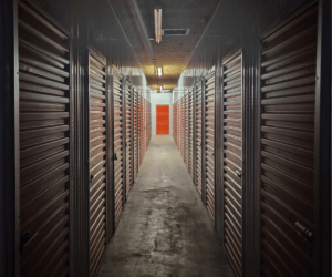 A hallway lined with storage lockers