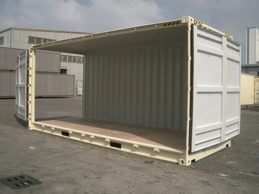 A shipping container with an open door arrangement