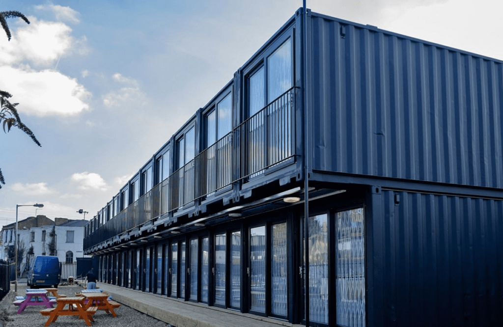 Shipping containers being used as offices or storefronts.