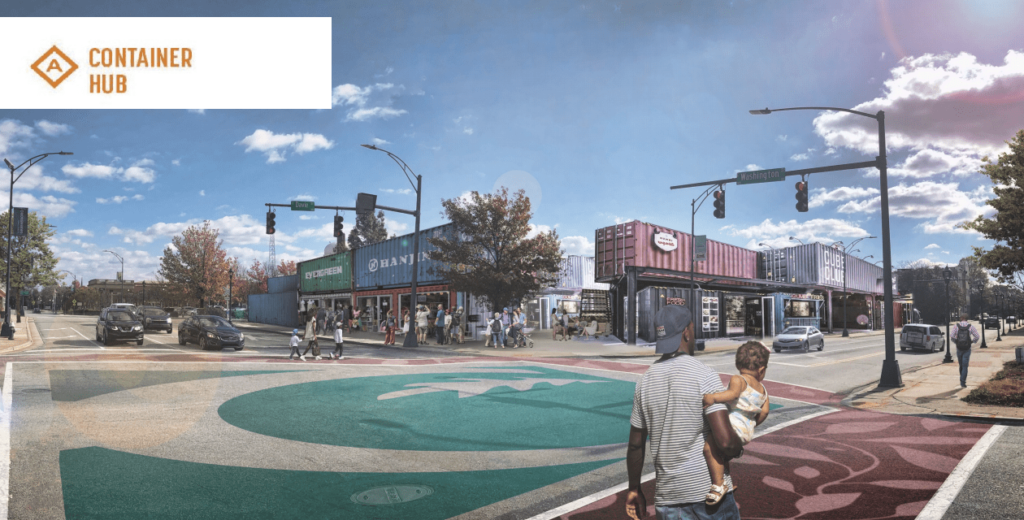 A rendering of a 'Container hub' concept in Greensboro, NC.