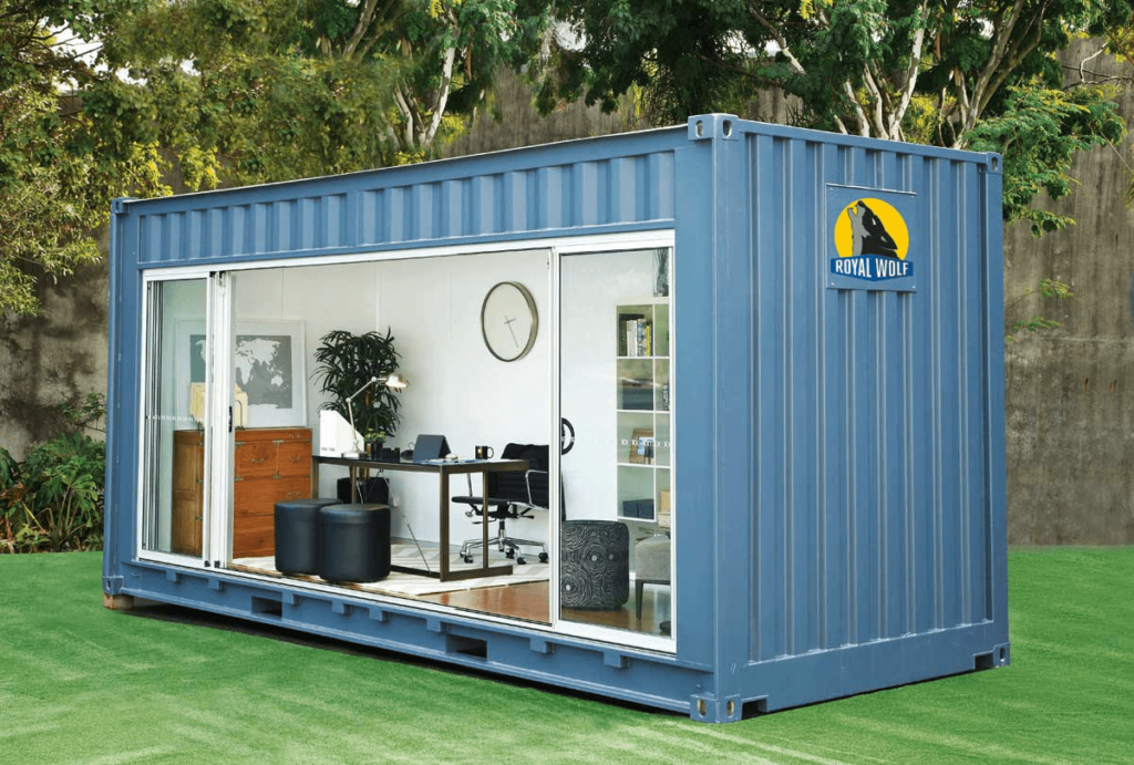 A shipping container that was turned into a small personal office space.