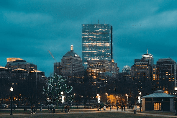 Sprinfield, MA skyline lit up at night.