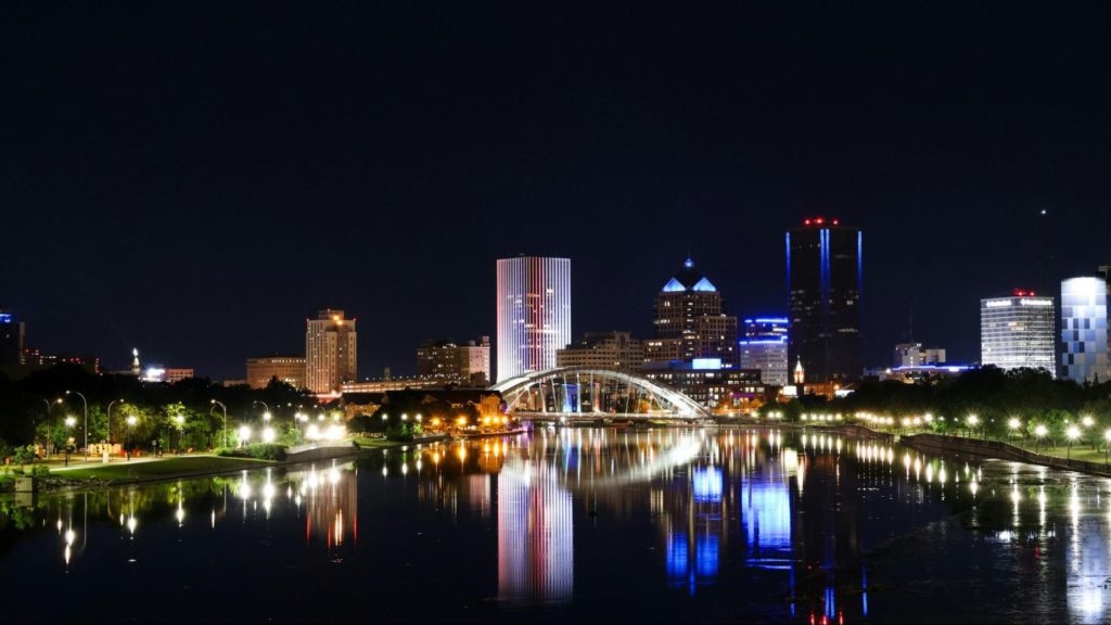 Rochester, NY skyline at night.