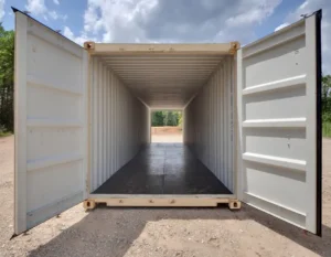 Double door shipping container placed in an open field, doors visible on both ends.